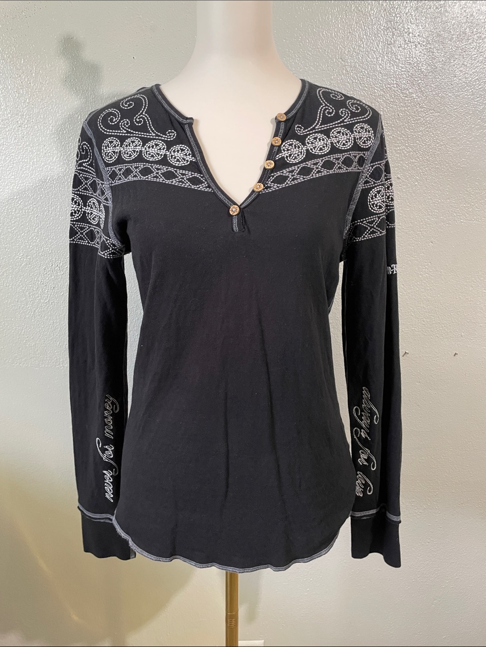 Alp N Rock Embroidered Thermal Henley Top Black Long Sleeve Sz 4/Large Apres Ski